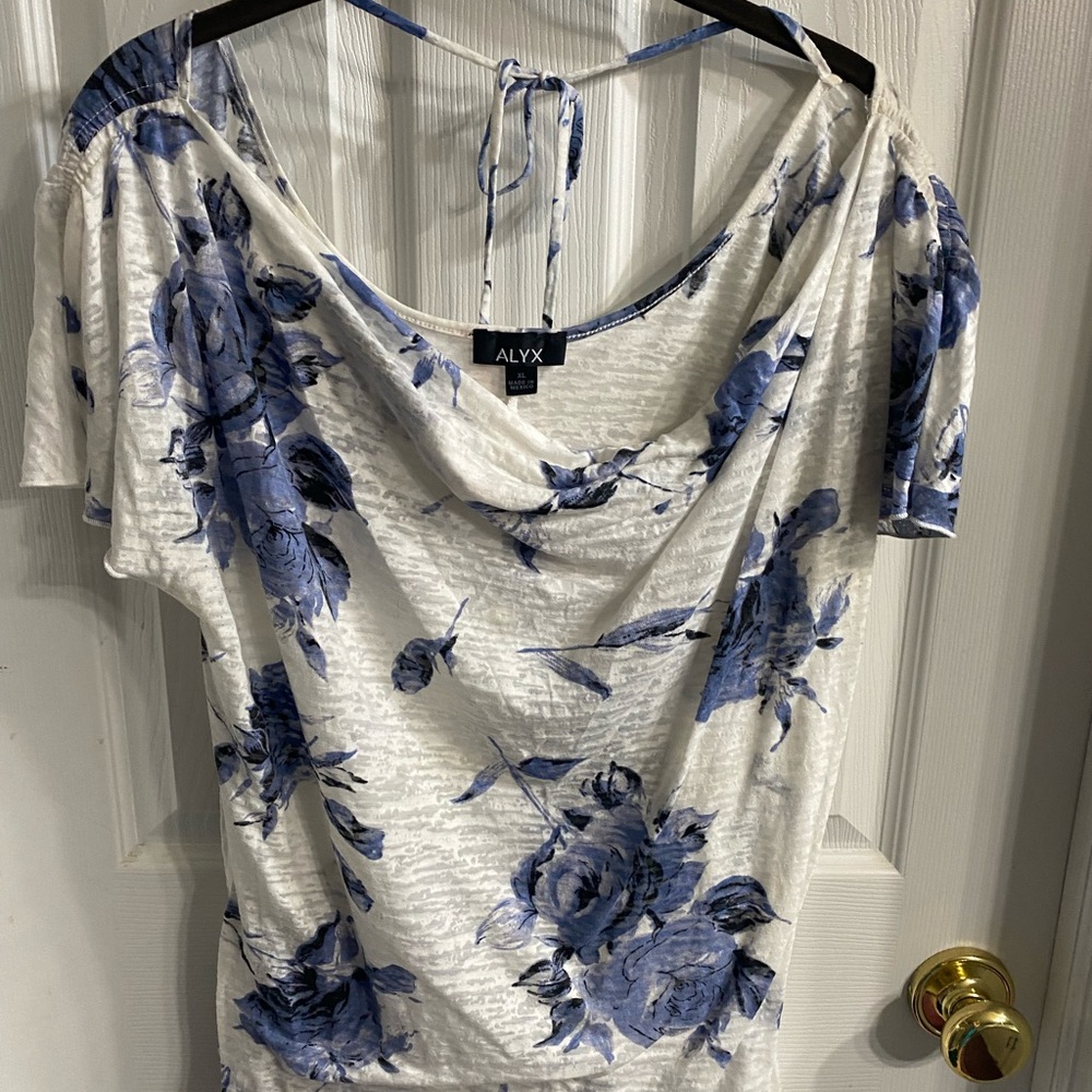 ALYX White Top with Blue Rose Print and Cowl Neck